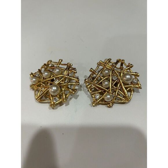 Vintage CRAFT High End Designer Crystal & Faux Pearl Big Clip on Earrings. Used. - Picture 1 of 9